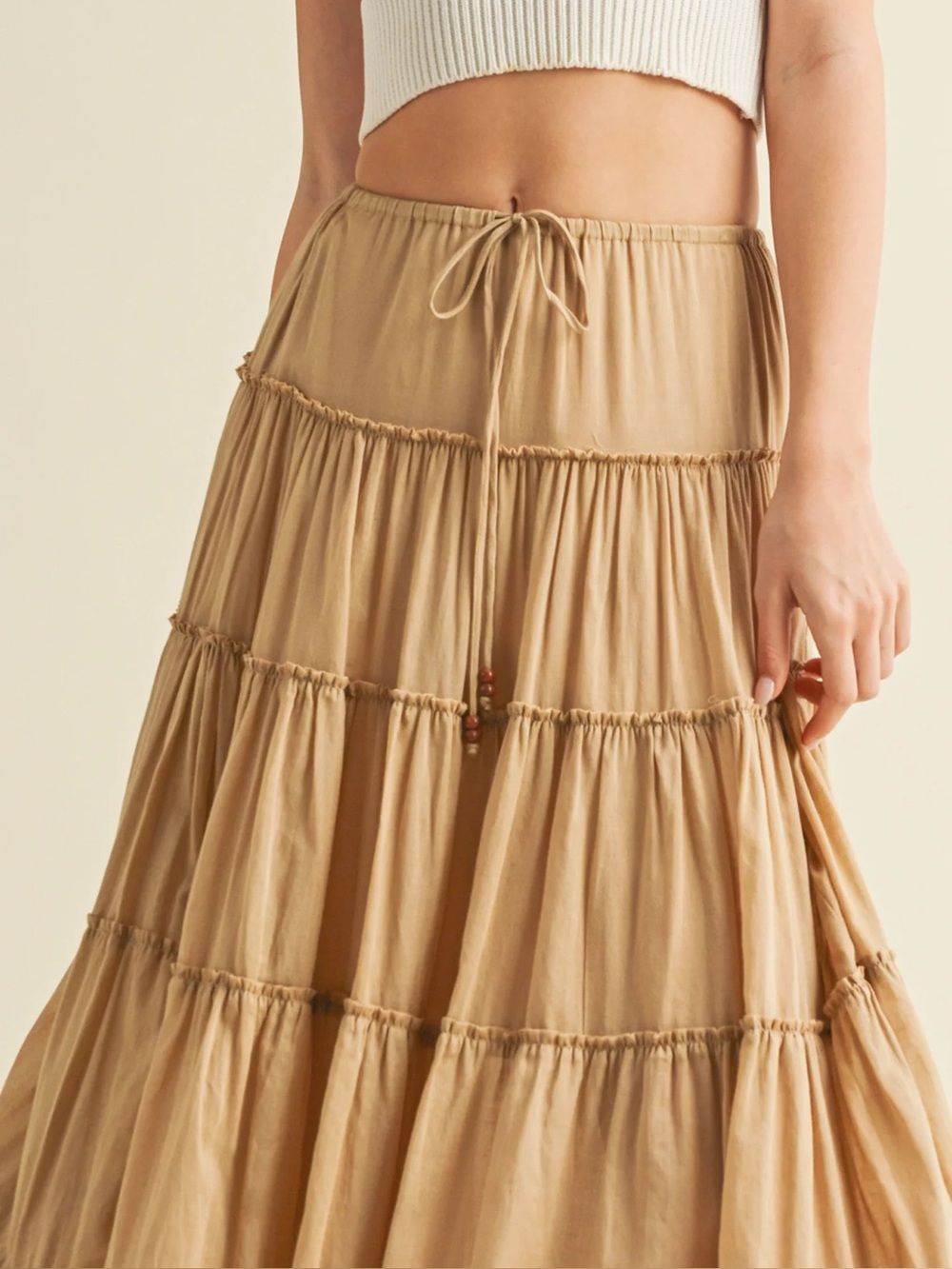 Mustard seed Light Beige Tiered Maxi Skirt medium